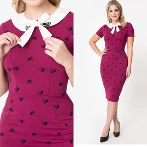 NEW Unique Vintage 1960s Berry Pink & Black Cat Print Renata Pencil Dress